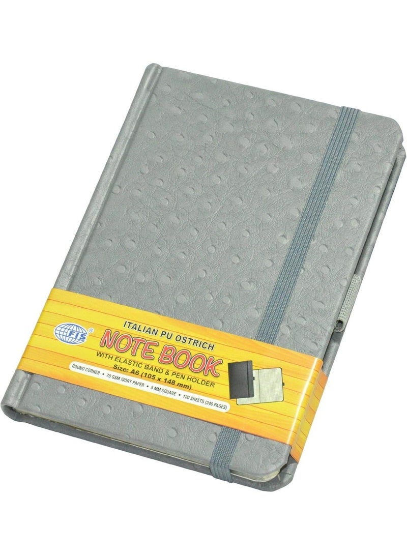 FIS Executive Ostrich Italian PU Cover Notebook, Ivory Paper, 5 mm Square With Elastic Band, Grey Color, 120 Sheets, Pen Holder and Gift Box, A6 Size - FSNBEX5MMA6GY - Image 1